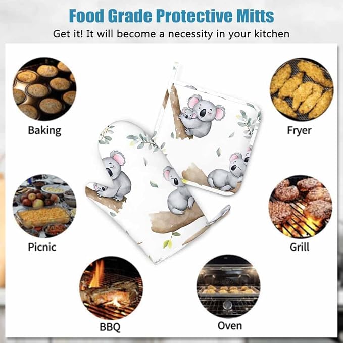Mxocom Cute Koalas Oven Mitts and Pot Holders Sets Kawaii Baby Koala Mom Koala Tropical Leaves Silicone Heat Resistant Kitchen Oven Gloves Pot Holder for Cooking