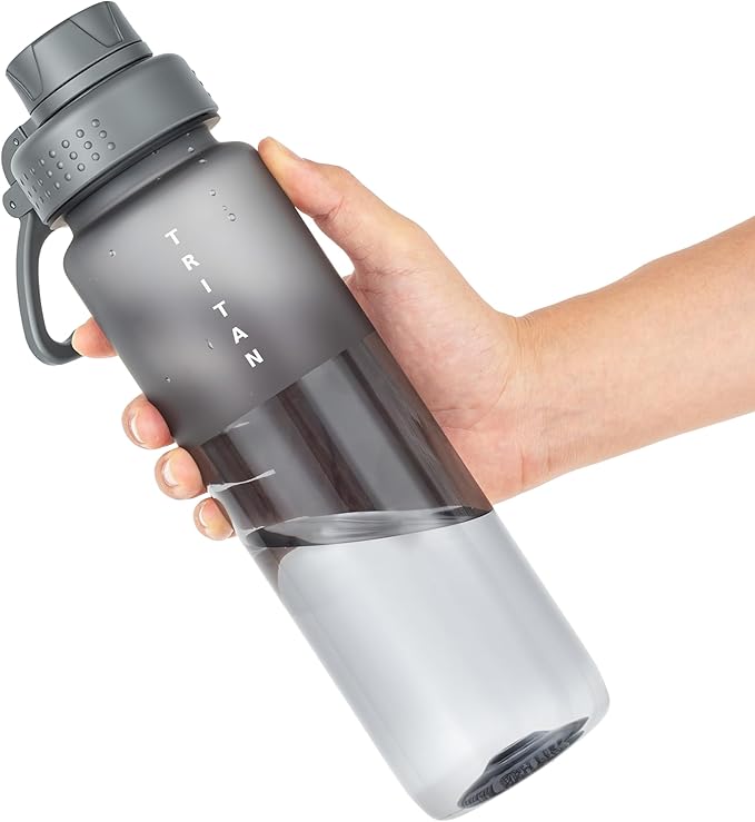 OLDLEY 32oz Frosted Clear Water Bottle, BPA-Free Tritan Plastic Reusable Water Bottle with Fast-Flow Spout Lid, Wide Mouth Leakproof Sports Drinking Bottle for Gym, School, Office, Travel,Grey