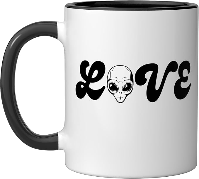 Love (with Space Alien Head) Ceramic Mug, Black/White