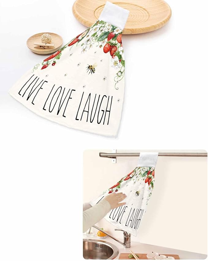 Alandar Home Kitchen Tie Towel Set of 1, Watercolor Rustic Strawberry Flower Bee Absorbent Soft Hand Towels for Bathroom Hanging Towels, Farmhouse Landscape Fast Drying Cleaning Cloth with Loop