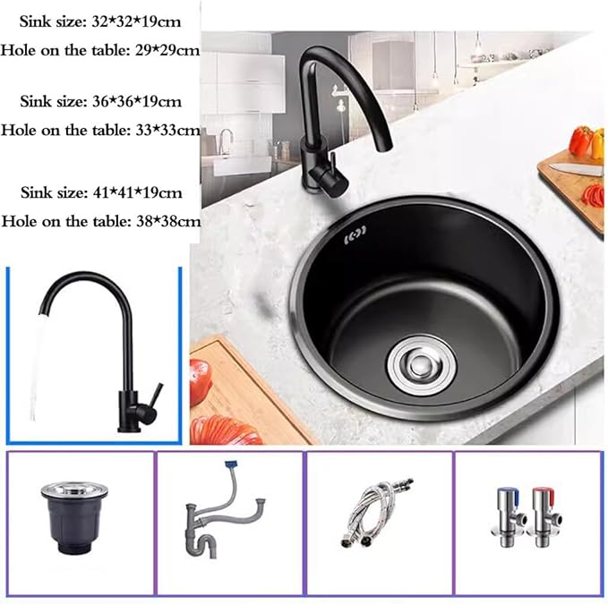 Single Bowl Home Commercial Restaurant Dishwasher Basin Small Size Bar Sink Stainless Steel Round Sink with Faucet Kitchen Sink (Black 32 * 32cm)