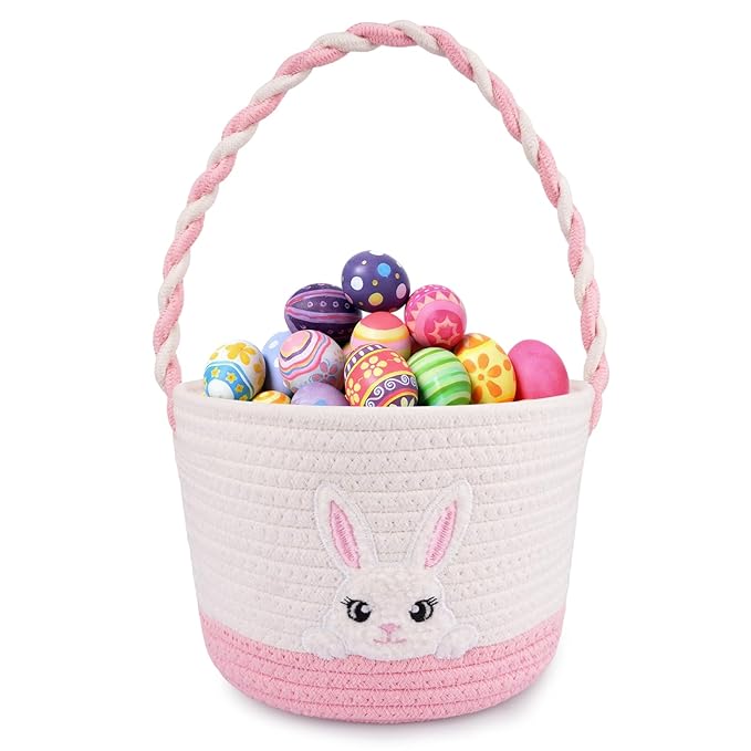 Easter Baskets for Girls, Pink Big Eyes Bunny Gift Basket Empty with Handle Woven Cotton Rope Egg Hunt Bag for Kids Babies Toddler Teens