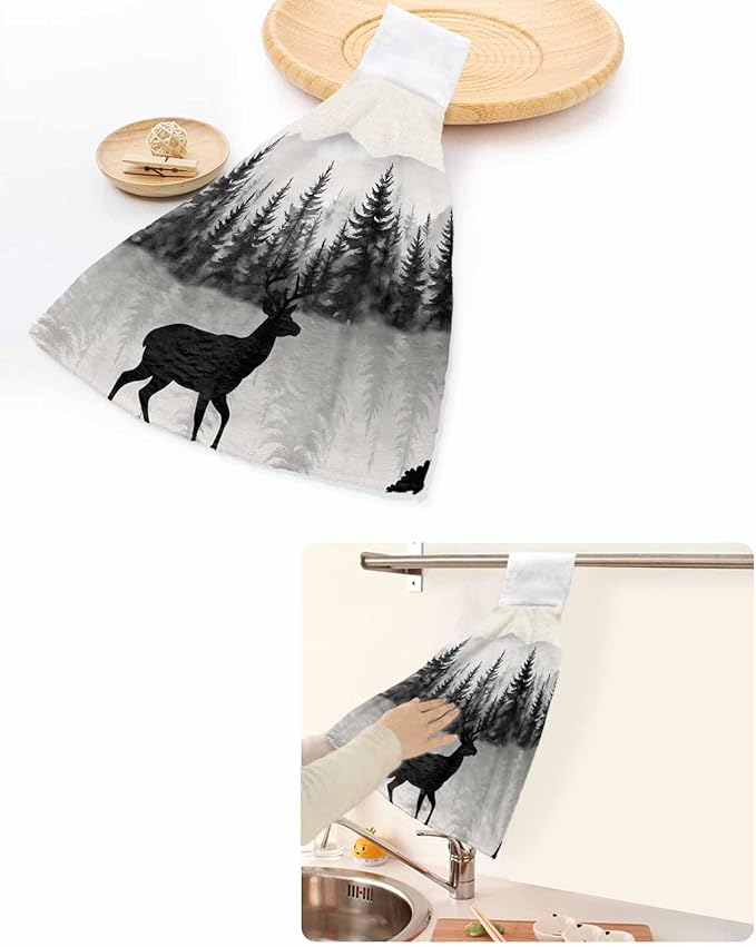 Alandar Home Kitchen Tie Towel Set of 2, Farmhouse Deer Sihouette Absorbent Soft Hand Towels for Bathroom Hanging Towels, Forest Tree Mountain on Linen Fast Drying Cleaning Cloth with Loop