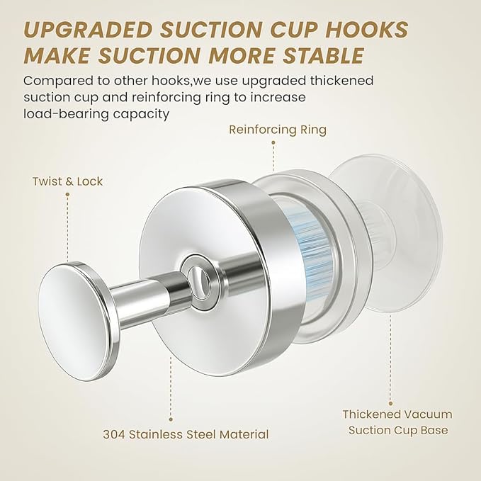 BKV Suction Cup Hooks for Glass Window,Removable Shower Hooks for Inside Shower,Metal Towel Hooks for Bathrooms,2 Pack(Mirror)