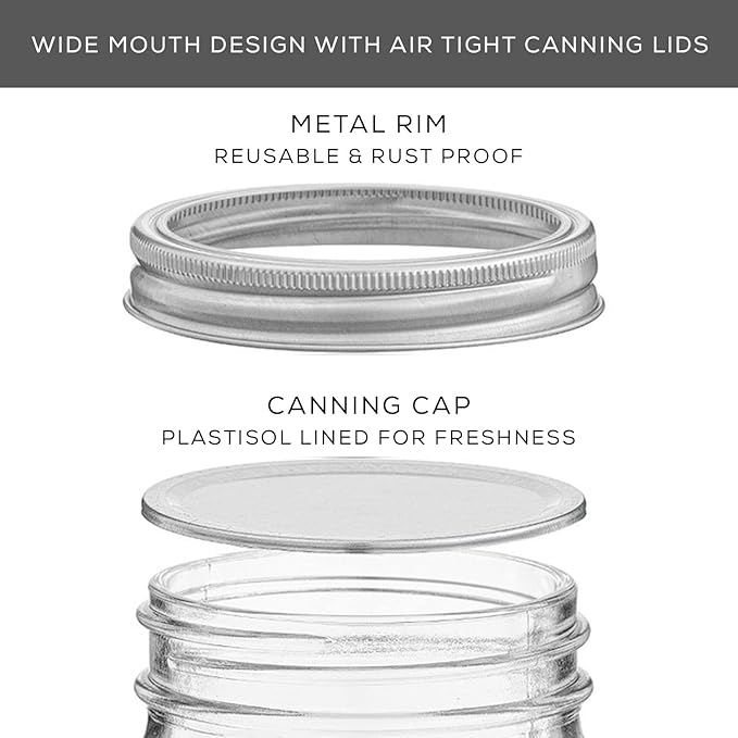 JoyJolt 8 Oz Mason Jars With Lids, Labels and Measures! 6-Pack Wide Mouth Mason Jars, Glass Jar with Lid and Band. Airtight Canning Jars, Overnight Oats Jars, Salad Jars, Sourdough Starter Jar