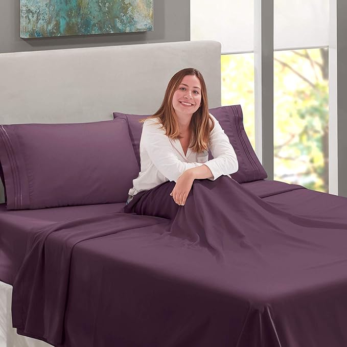Lamma Loe Silky Soft Luxurious Supreme Microfiber 4-Piece Sheet Set with Embroidered Pillow Cases, Full, Eggplant Purple