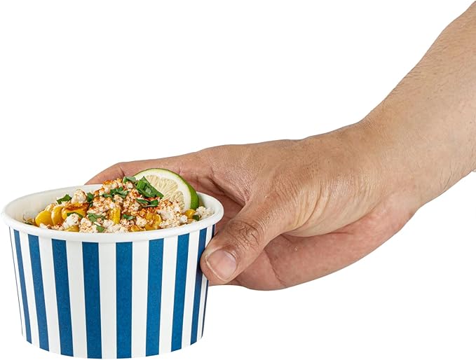 Coppetta 12 Ounce Dessert Cups, 200 Disposable Ice Cream Cups - Lids Sold Separately, Sturdy, Blue And White Paper FroYo Bowls, Striped, For Hot And Cold Foods, Perfect For Gelato - Restaurantware