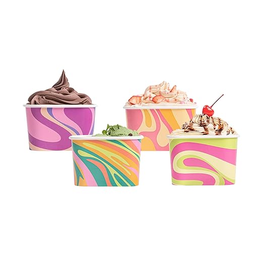 Restaurantware Paper Cups 200 Count 12 Ounce Square Disposable Ice Cream Containers, Leak-Resistant Paper Dessert To Go Cups, Hot And Cold Food, Durable Assorted Groovy Design