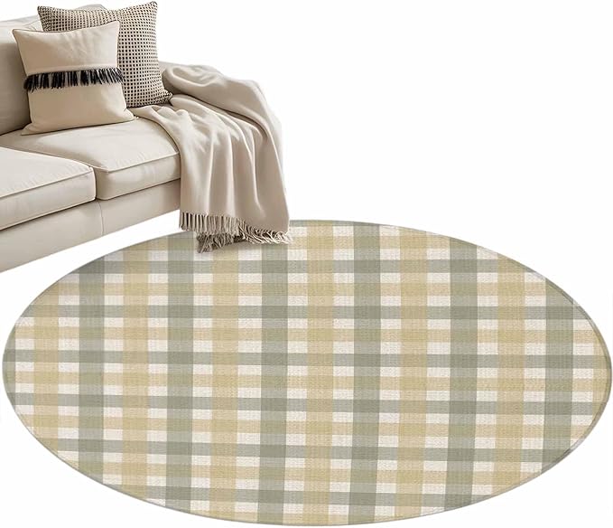 Washable Round Area Rug Farmhouse Vintage Beige Tan Buffalo Plaid Circle Rugs Floor Carpet for Living Room Bedroom, Rustic Linen Soft Non Slip Round Rug 3ft