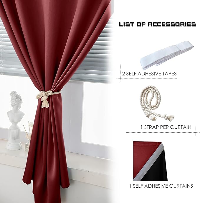 AJAZZ 100% Blackout Shades Window Cover Self Adhesive Curtains Sticky Curtain Portable Easy Open Blackout Curtains for Bedroom Living Room No Drilling (Burgundy, 35" W x 84" L) 1 Panel