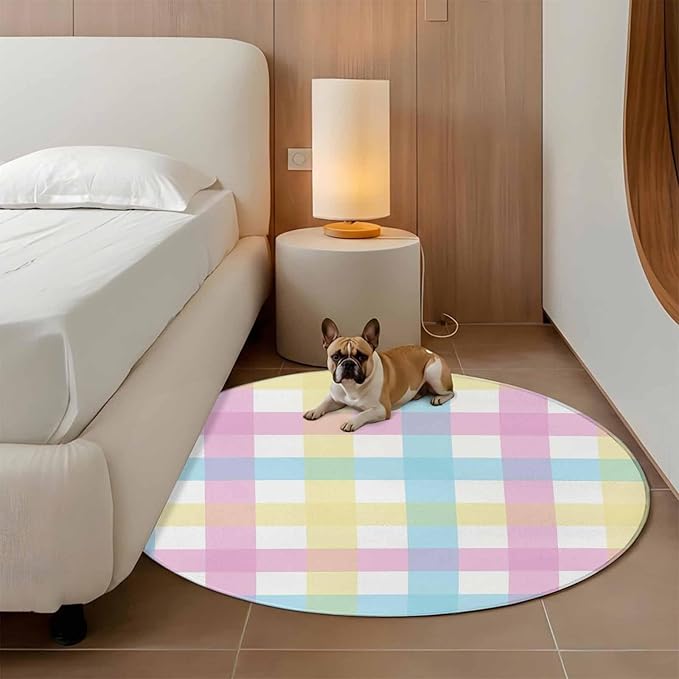 Washable Round Area Rug Spring Easter Colorful Lattice Circle Rugs Floor Carpet for Living Room Bedroom, Minimalist Buffalo Checker Soft Non Slip Round Rug 4ft