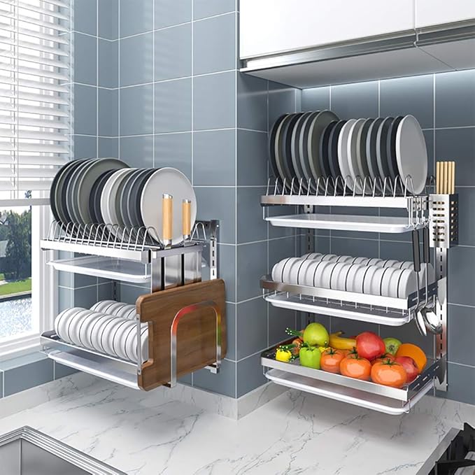 Stainless Steel Dish Rack with Drain Pan - Wall-Mounted 2/3 Layers for Efficient Kitchen Drying and Space-Saving，2 Layer High16in