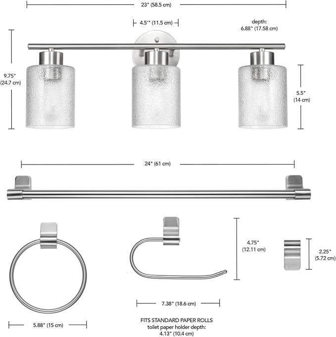 Globe Electric 63000209 5-Piece Bathroom Accessory Set with 23" 3-Light Vanity Light, Brushed Nickel Finish, Frosted Glass Shades, Towel Bar, Robe Hook, Towel Ring, Toilet Paper Holder