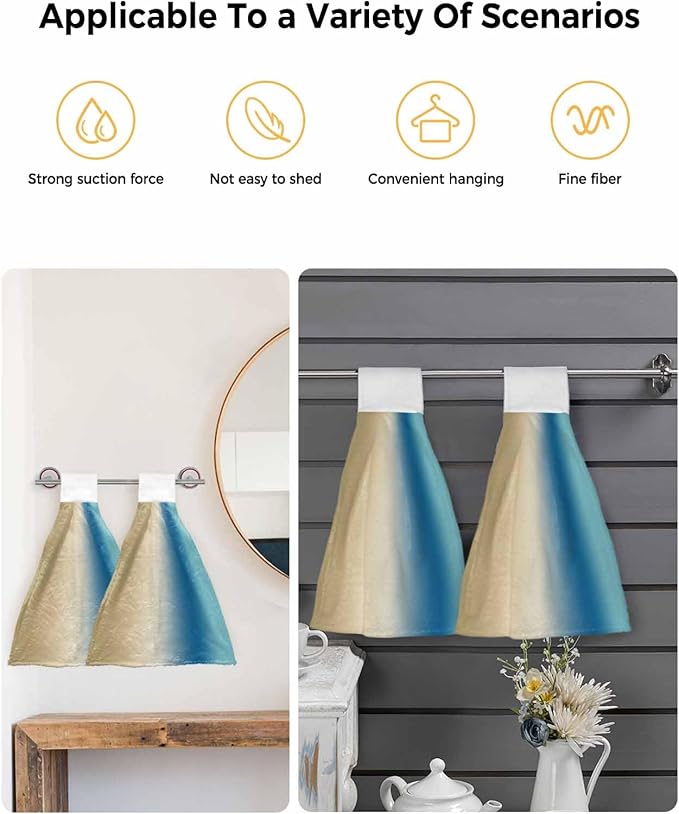 Alandar Home Kitchen Tie Towel Set of 2, Gradient Blue Beige Farmhouse Absorbent Soft Hand Towels for Bathroom Hanging Towels, Modern Watercolor Art Fast Drying Cleaning Cloth with Loop
