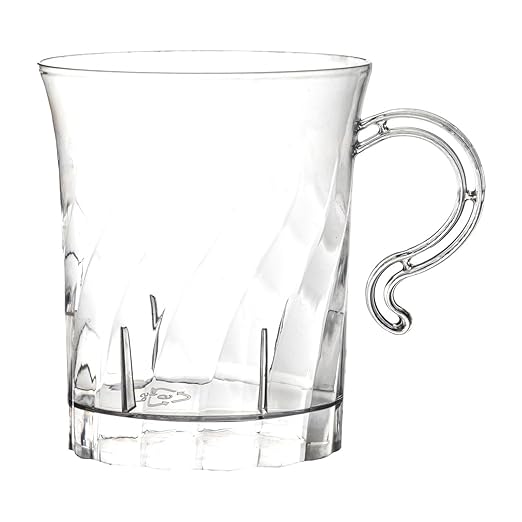 Party Essentials Elegance 8 oz Clear Hard Plastic Coffee & Punch Mugs with Handle – 40-Count Stackable Disposable Cups for Parties, Weddings, Catering, Buffets & Events
