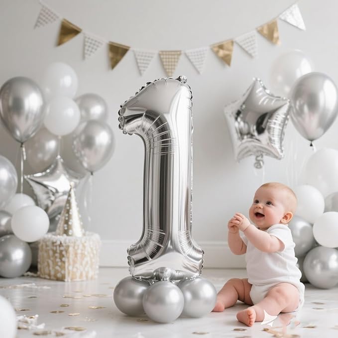 Balloons Number One for First Birthday, Balloon Numbers 40 Inch, Silver for Baby Shower, Big Baloon for 1 11 12 13 16 18 21 Birthday Wedding Anniversaries Party
