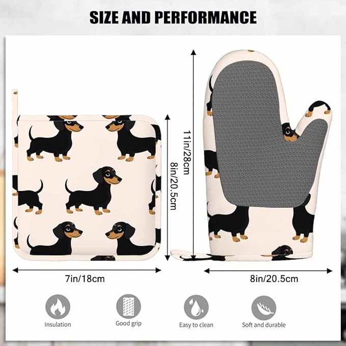 Mxocom Dachshunds Silicone Oven Mitts and Pot Holders Sets Hand Drawn Style Dog BBQ Gloves for Kitchen,Cooking,Baking,Grilling