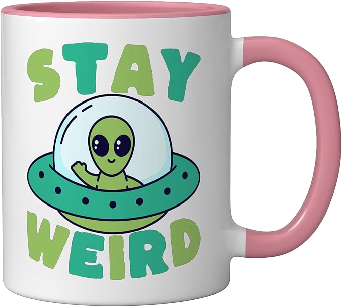 Cute Alien Stay Weird UFO Extraterrestrial Space Ceramic Mug, Pink/White