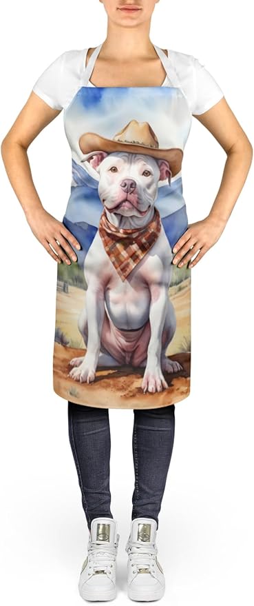 Caroline's Treasures Pit Bull Terrier Cowboy Welcome Apron Cooking Kitchen Server Baking Crafts Gardening for Adult Women Men, Unisex, Large, Multicolor