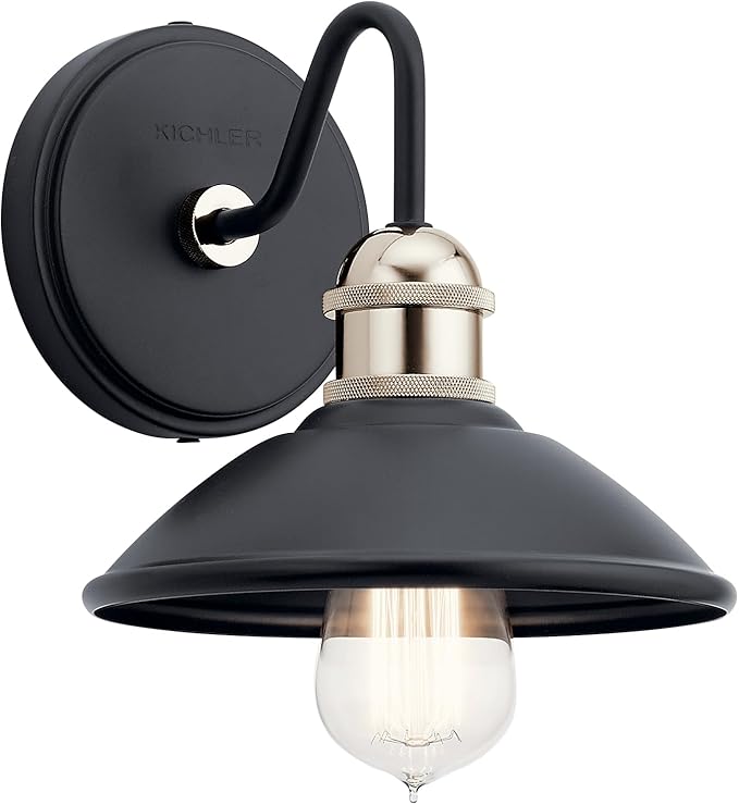 Kichler Clyde 1 Light Bathroom Vanity in a deep Black Finish, for Bathrooms, (7.25" H x 7.5" W x 8.25" Ext.), 45943BK