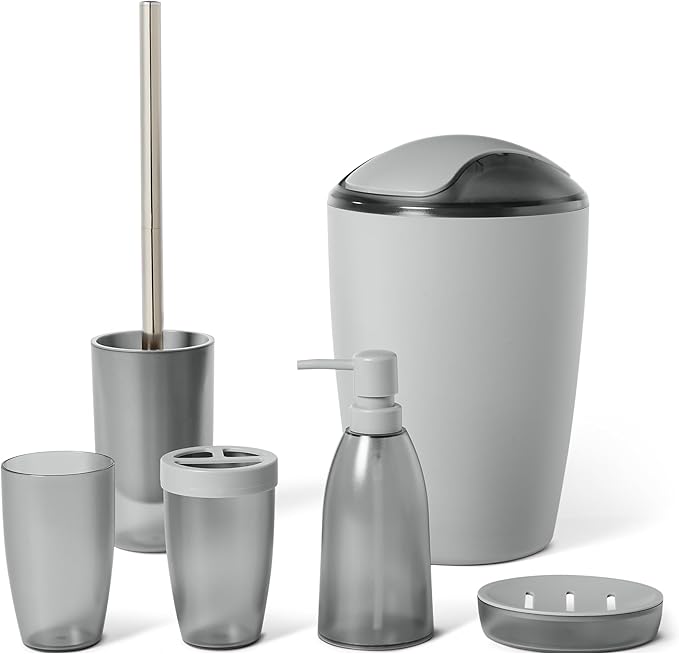 Amazon Basics Bathroom Set, 6-Piece with Toothbrush Holder, Soap Dispenser, Soap Dish, Toothbrush Cup, Trash Can, Toilet Brush and Holder, Grey