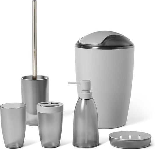 Amazon Basics Bathroom Set, 6-Piece with Toothbrush Holder, Soap Dispenser, Soap Dish, Toothbrush Cup, Trash Can, Toilet Brush and Holder, Grey