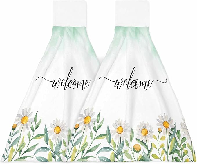 Alandar Home Kitchen Tie Towel Set of 2, Pastoral Farm Daisy Flowers Absorbent Soft Hand Towels for Bathroom Hanging Towels, Welcome on Gradient Green Fast Drying Cleaning Cloth with Loop