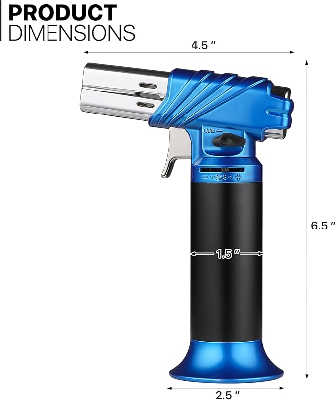 mollie Mini Butane Torch Lighter with Adjustable Flame, Small Refillable Kitchen Cooking Blow Torch for Creme Brulee, Windproof Baking Torch with Safety Lock, Blue 2-Pack (Butane Gas Not Included)