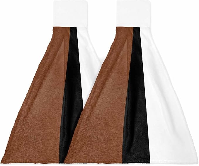 Kitchen Tie Towel Set of 2, Rustic Modern Minimalist Color Block Absorbent Soft Hand Towels for Bathroom Hanging Towels, Leather Texture Brown Black White Fast Drying Cleaning Cloth with Loop