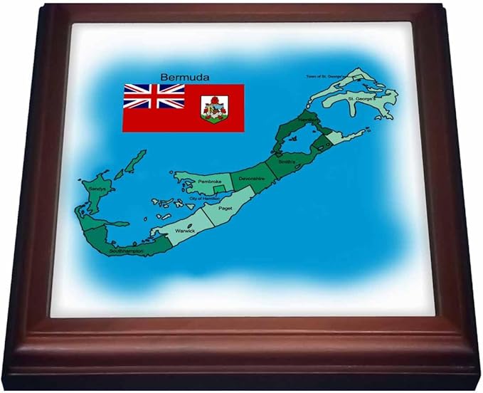 3dRose Flag and Map of the British Overseas Island Territory Bermuda and All Parishes Colored and Labeled Trivet with Ceramic Tile, 8 by 8", Brown