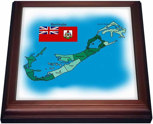 3dRose Flag and Map of the British Overseas Island Territory Bermuda and All Parishes Colored and Labeled Trivet with Ceramic Tile, 8 by 8", Brown