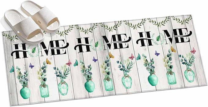Runner Rug for Bedroom Hallway, Summer Eucalyptus Leaf Colorful Butterfly Kitchen Runner Rugs Area Rug 2x6ft, Home Text Wood Plank Washable Soft Floor Carpet for Entryway Stair