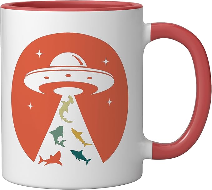 Funny UFO shark lover humor UFO lover flying saucer Ceramic Mug, Red/White