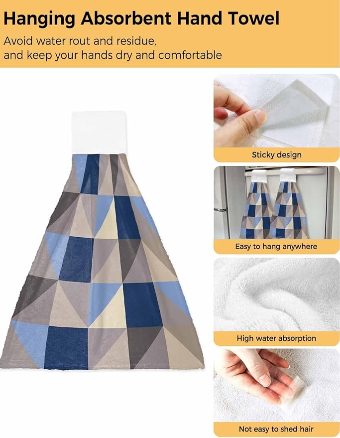 Alandar Home Kitchen Tie Towel Set of 2, Splicing Geometric Art Absorbent Soft Hand Towels for Bathroom Hanging Towels, Blue Grey Khaki Triangle and Square Fast Drying Cleaning Cloth with Loop