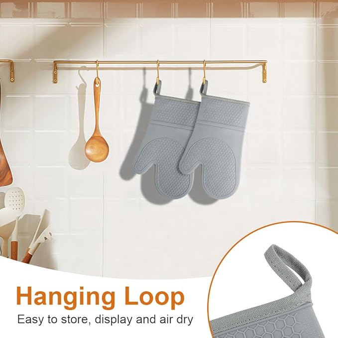 AUAUY Oven Mitts with 2 Potholders, Silicone Oven Gloves Heat Resistant 464°F, Non-Slip Silicone BBQ Gloves, Waterproof Cooking Gloves, Oven Gloves for Barbecue Kitchen Baking Microwave, Grey