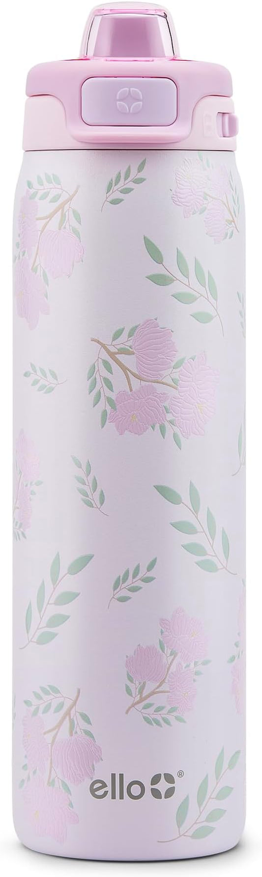 Ello Pop & Fill 22oz Stainless Steel Water Bottle with QuickFill Technology, Double Walled and Vacuum Insulated Metal, Leak Proof Locking Lid, Straw and Chug, Reusable, BPA Free, Blossom Bliss
