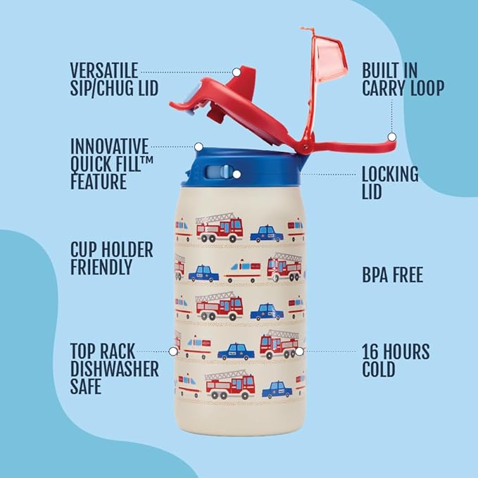 Ello Kids Pop & Fill 12oz Toddler Water Bottle with Quick Fill Lid, Double-Wall Vacuum Insulated Stainless Steel, Leak Proof, BPA Free, Sip & Chug, For School, Lunchboxes, To the Rescue