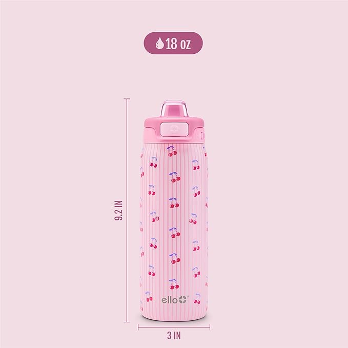 Ello Kids Pop & Fill 18oz Toddler Water Bottle with Quick Fill Lid, Double-Wall Vacuum Insulated Stainless Steel, Leak Proof, BPA Free, Sip & Chug, For School, Lunchboxes, Preppy Cherries