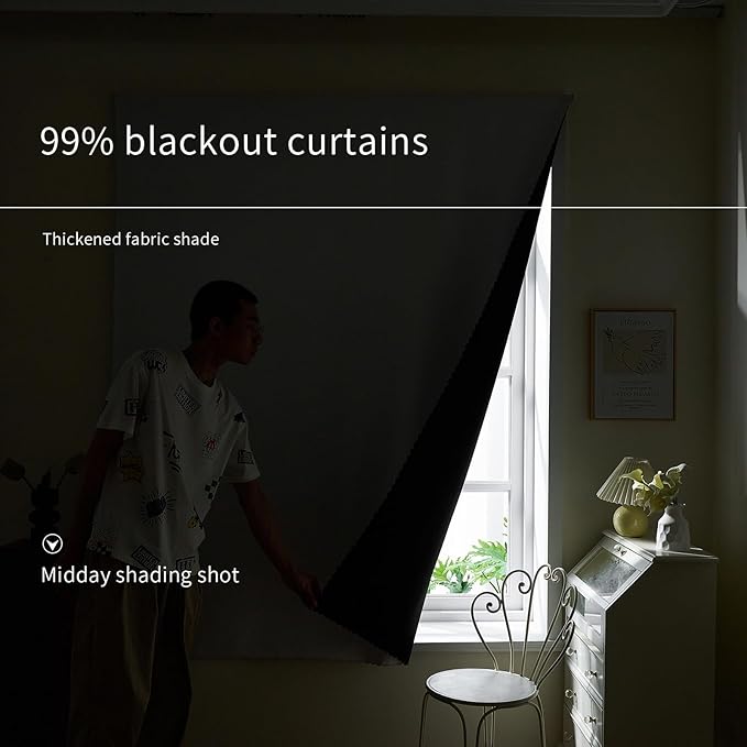 AJAZZ 100% Blackout Shades Window Cover Self Adhesive Curtains Sticky Curtain Portable Easy Open Blackout Curtains for Bedroom Living Room No Drilling (White, 35" W x 84" L) 1 Panel