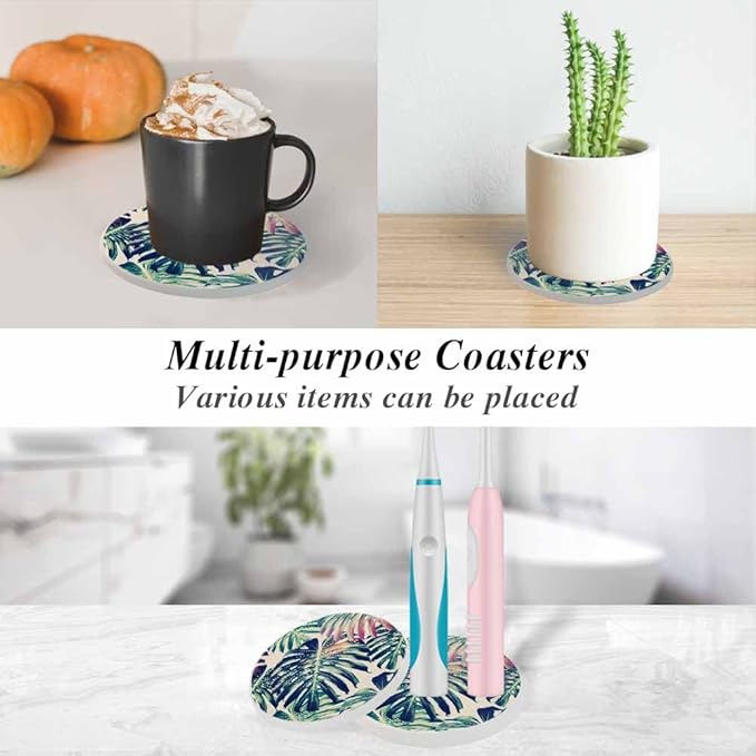 oFloral Tropical Coasters for Drinks Leaves Wild Monstera Exotic Summer Cups Place Mats for Home Decor Set of 2, 4 Inch