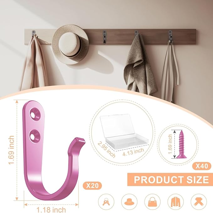 BREYDROK 20PCS Pink Heavy Duty Single Prong Metal Wall Hooks for Coats, Towels, Backpacks, Hats, Dog Leashes (20 Hooks + 40 Screws)