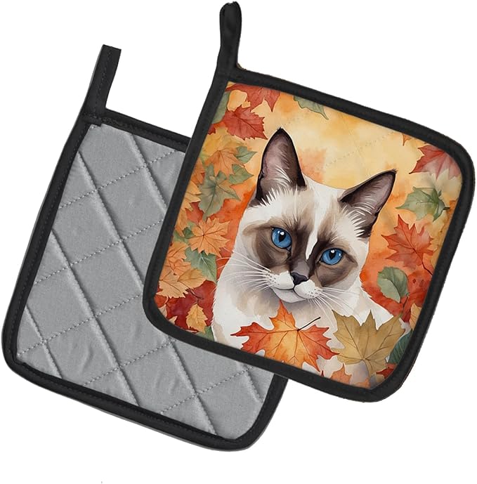 Caroline's Treasures Snowshoe Cat in Fall Leaves Pair of Pot Holders Kitchen Heat Resistant Pot Holders Sets Oven Hot Pads for Cooking Baking BBQ, 7 1/2 x 7 1/2