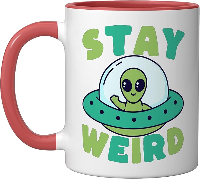 Cute Alien Stay Weird UFO Extraterrestrial Space Ceramic Mug, Red/White