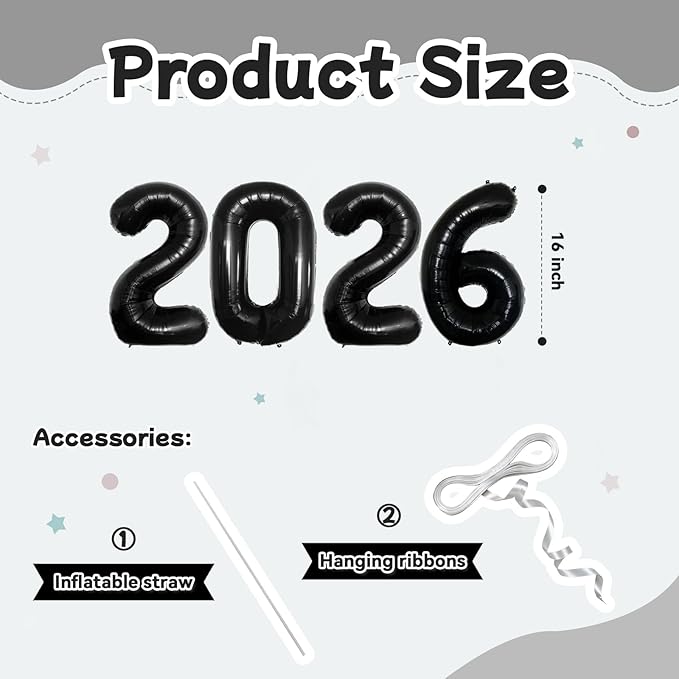Black 2026 Balloons, 16 Inch Foil 2026 Number Balloons, Grad Balloons for Class of 2026 Graduation Party, Black Matellic Foil New Year Birthday Home Office Party Supplies