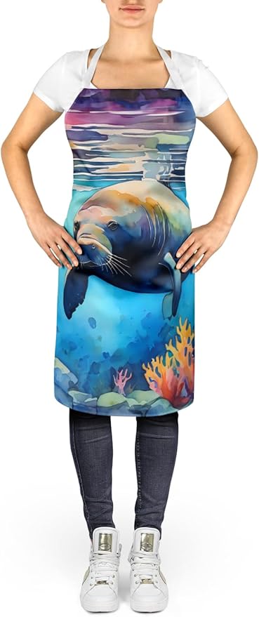 Caroline's Treasures Manatee Apron Cooking Kitchen Server Baking Crafts Gardening for Adult Women Men, Unisex, Large, Multicolor