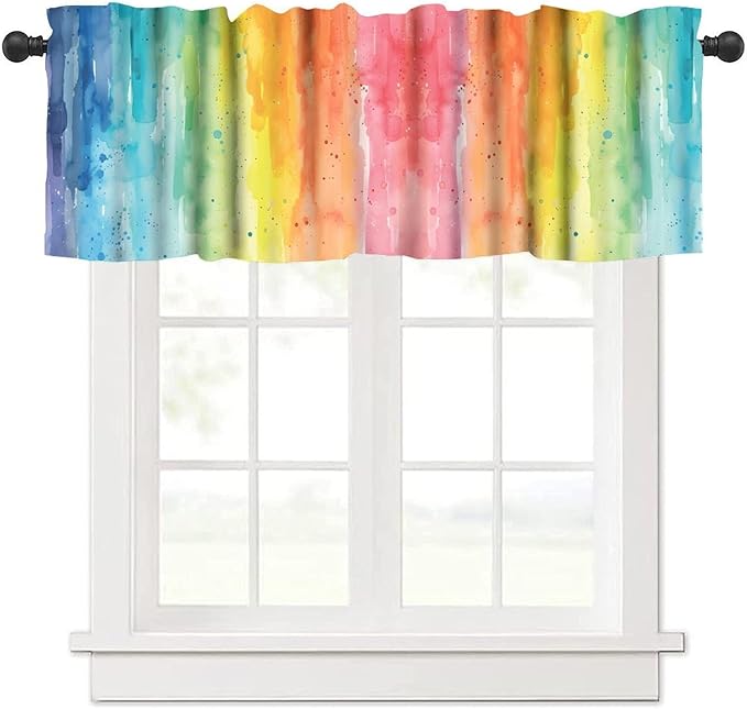 Rainbow Watercolor Valance Curtain, Colorful Colour Pigment Stripe Short Window Treatment for Kids Boys Girls Kitchen Bedroom Nursery Decor, 54x18Inch