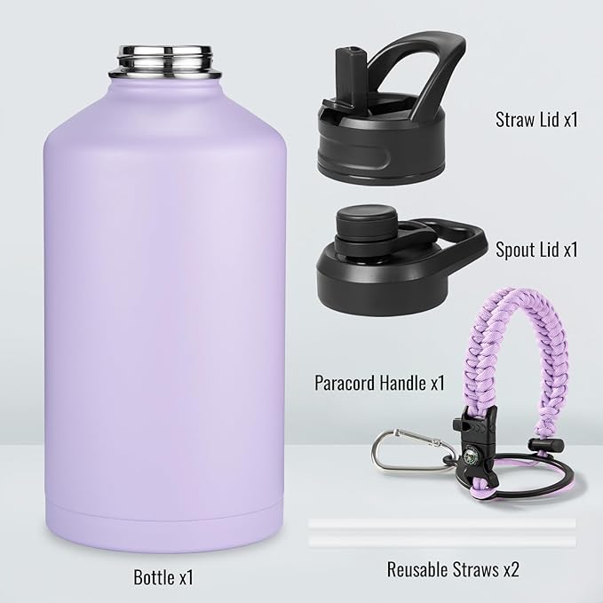 Fijinhom Gallon Water Bottle with 2 Lids (Straw & Spout), 304 Stainless Steel Water Jug with Handle and Wide Mouth, 1 Gallon Vacuum Double Walled Jug for Sports, Outdoors, Purple, 128 oz