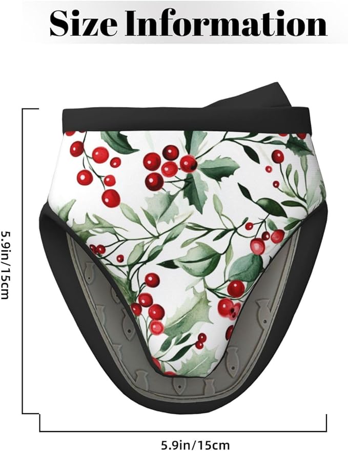 1 Pcs Mini Silicone Oven Mitts Watercolor Holly Berry Heat Resistant Grilling Gloves with Hanging Loop, Merry Christmas Short Kitchen Mittens for Cooking Baking BBQ