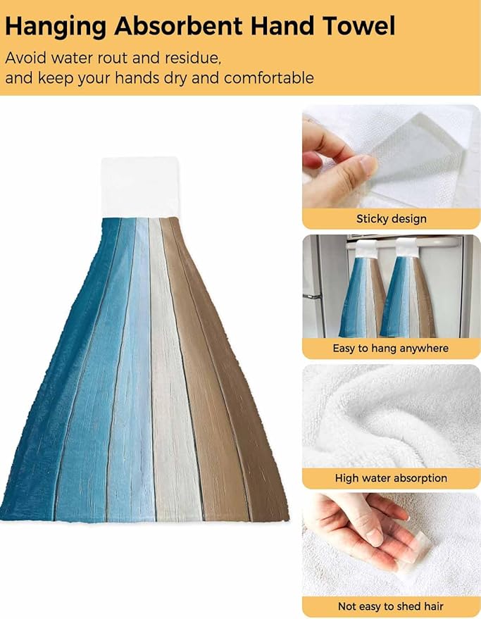 Alandar Home Kitchen Tie Towel Set of 2, Farm Blue Gradient Wood Board Absorbent Soft Hand Towels for Bathroom Hanging Towels, Vintage Brown Wood Grain Fast Drying Cleaning Cloth with Loop