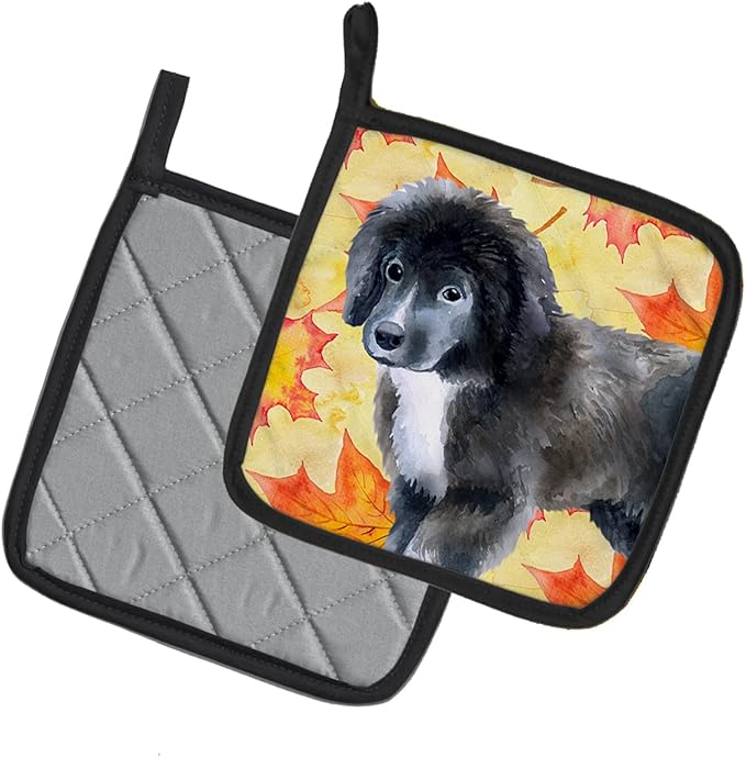 Caroline's Treasures BB9960PTHD Newfoundland Puppy Fall Pair of Pot Holders, Yellow Kitchen Heat Resistant Pot Holders Sets Oven Hot Pads for Cooking Baking BBQ, 7 1/2 x 7 1/2
